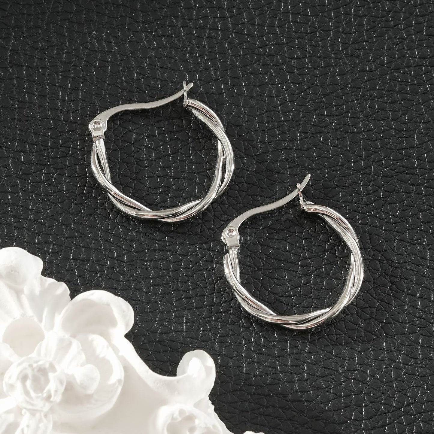CARLOTA Silver (White Gold): Twisted Metal Strands Hoop Earrings