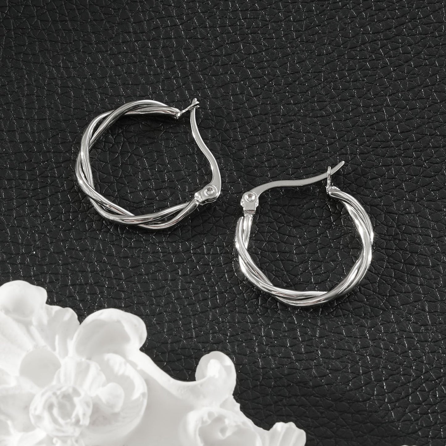 CARLOTA Silver (White Gold): Twisted Metal Strands Hoop Earrings