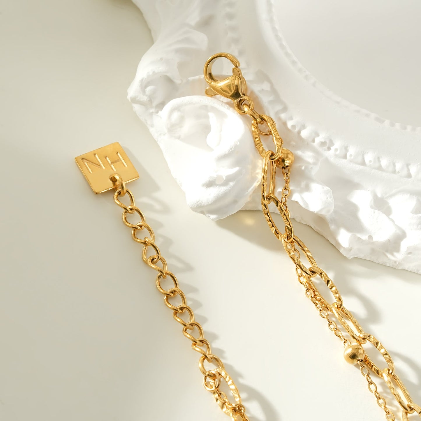 CASTILA Gold Bracelet:  Double Stacked Paper Clip Chain &  Beaded Chain - Dazzle in Duality