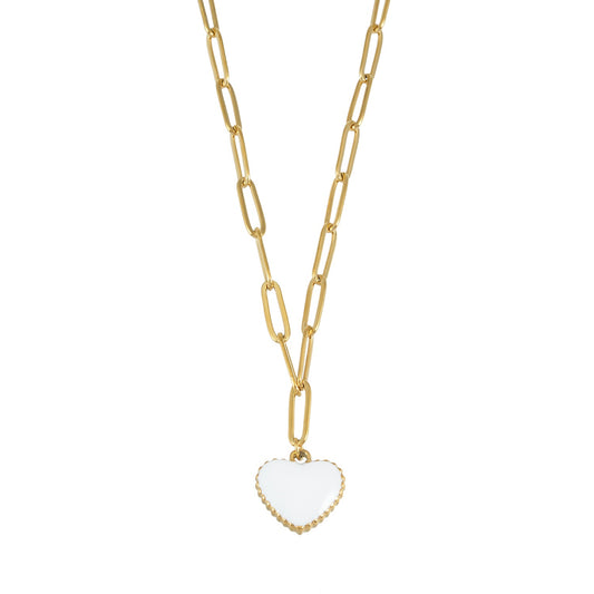 HEART WHITE Gold: Paper Clip Chain Anchoring an Enameled White Heart Charm