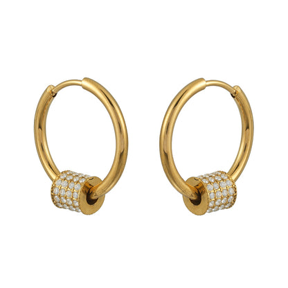 DUNIYA Gold: Mini Hoop Earrings with Barrel Pavé Zirconia Stones Charm – Luxe Modern Style