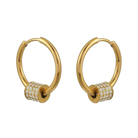 DUNIYA Gold: Mini Hoop Earrings with Barrel Pavé Zirconia Stones Charm – Luxe Modern Style