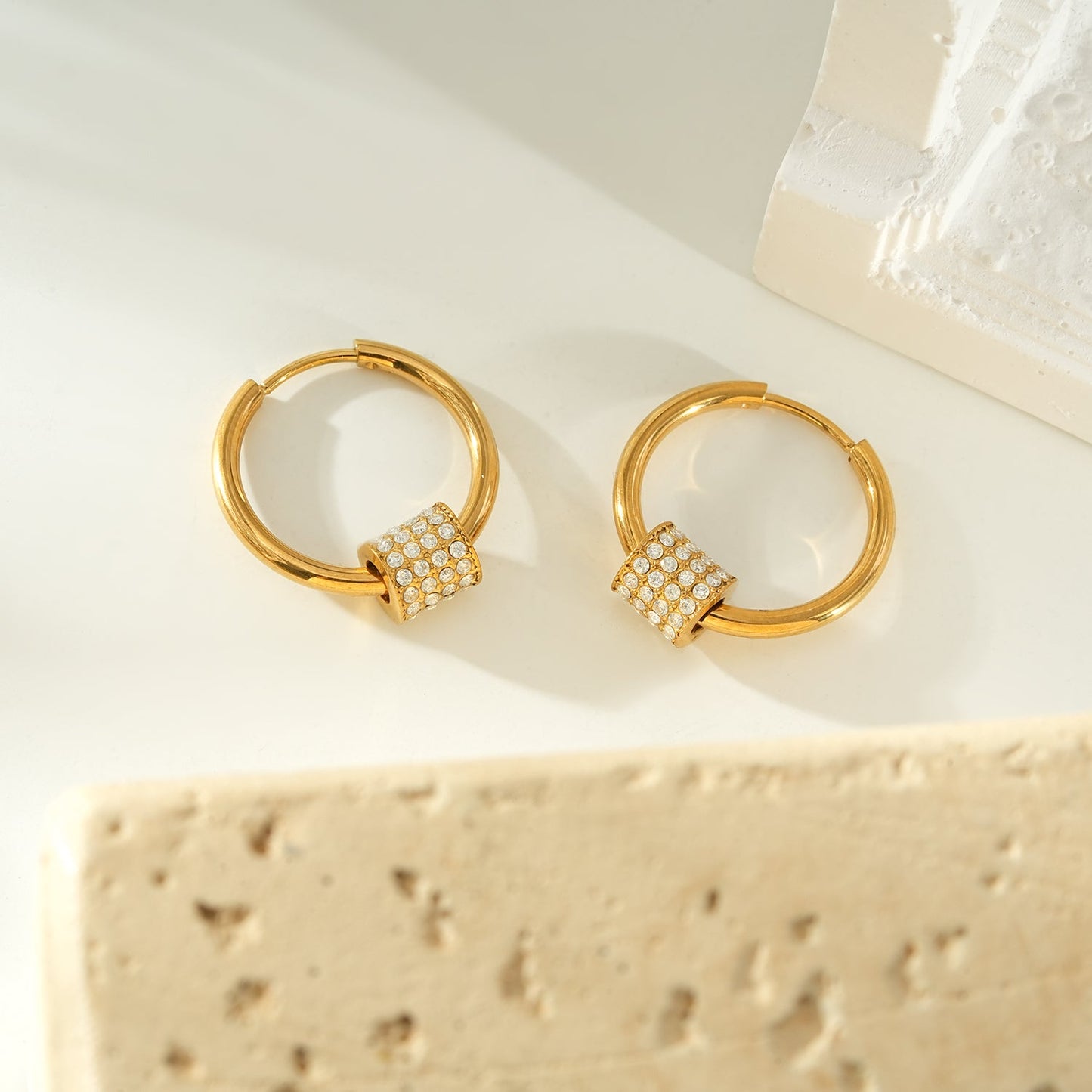 DUNIYA Gold: Mini Hoop Earrings with Barrel Pavé Zirconia Stones Charm – Luxe Modern Style