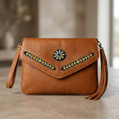 Leather beaded Crossbody bag(Brown)