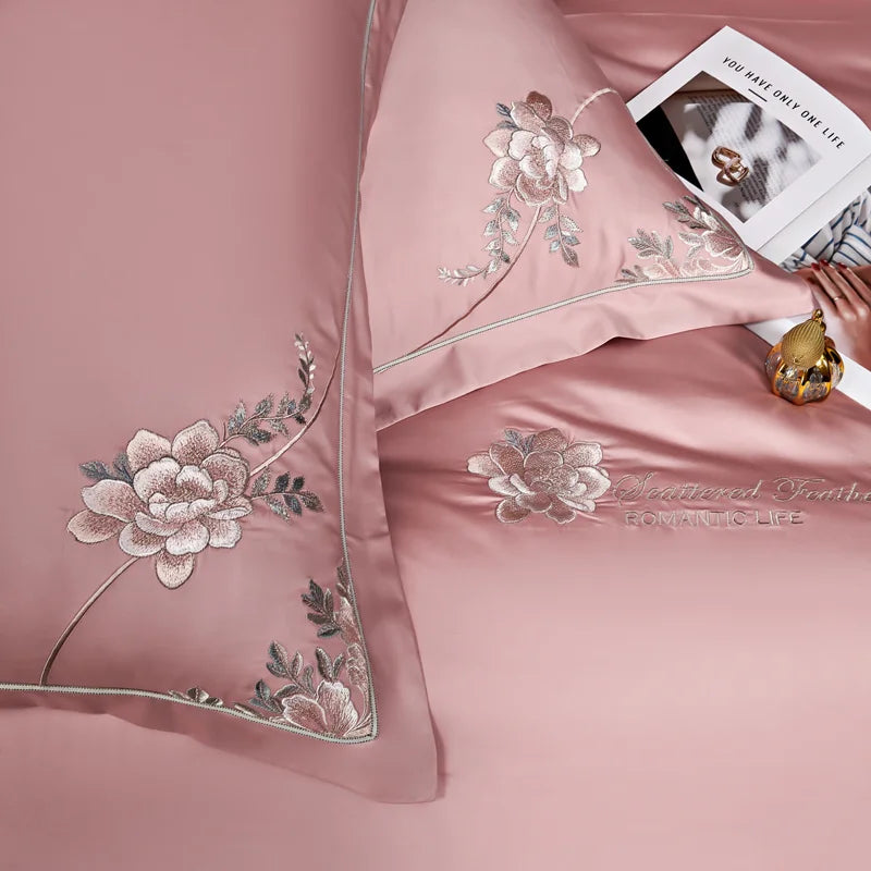 Eternal Bloom Embroidered 1000 TC Egyptian Cotton Duvet Set - Jade Green/Blush/Steel Blue