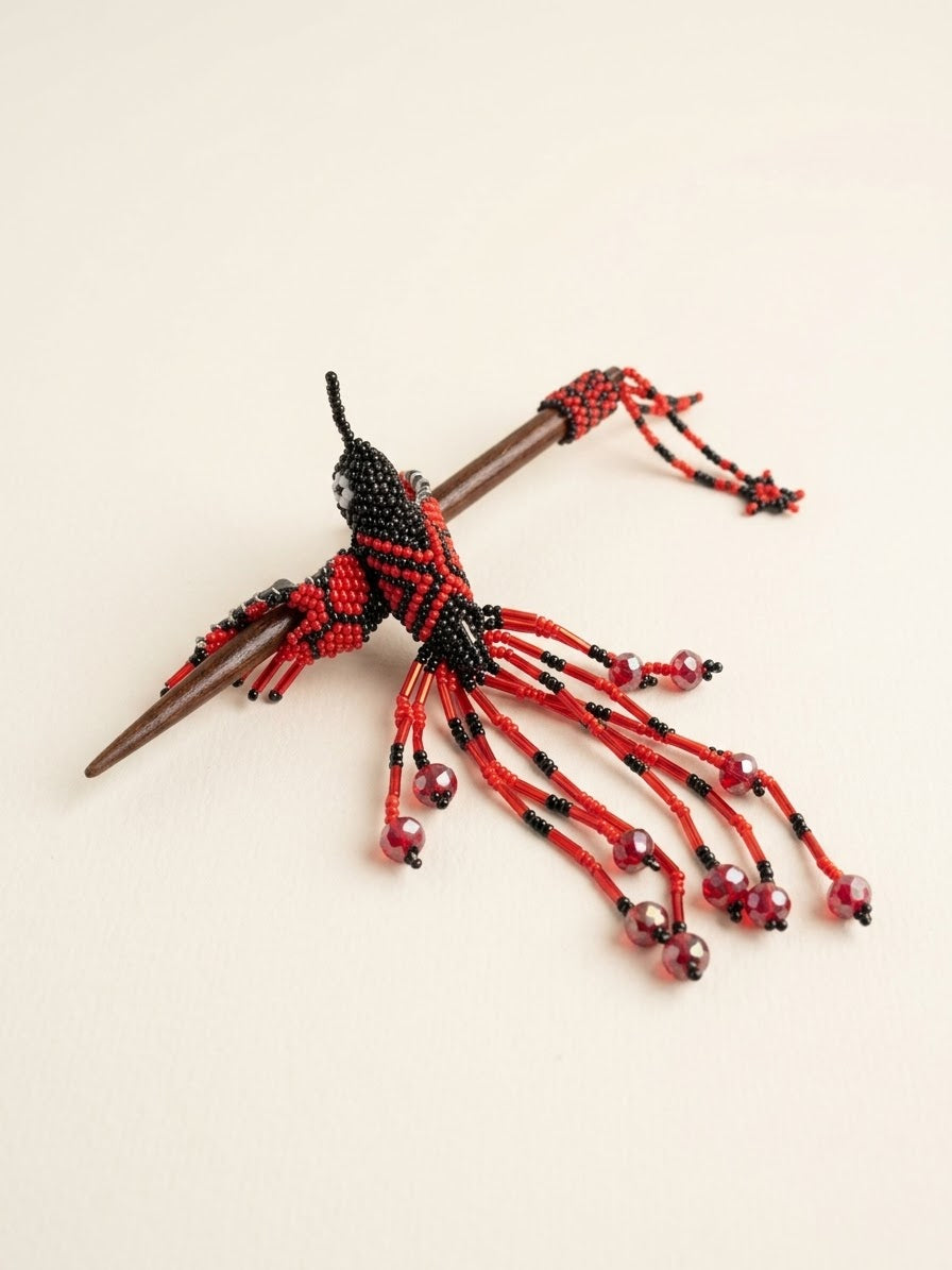 Red & Black Hummingbird Beaded Hair Stick