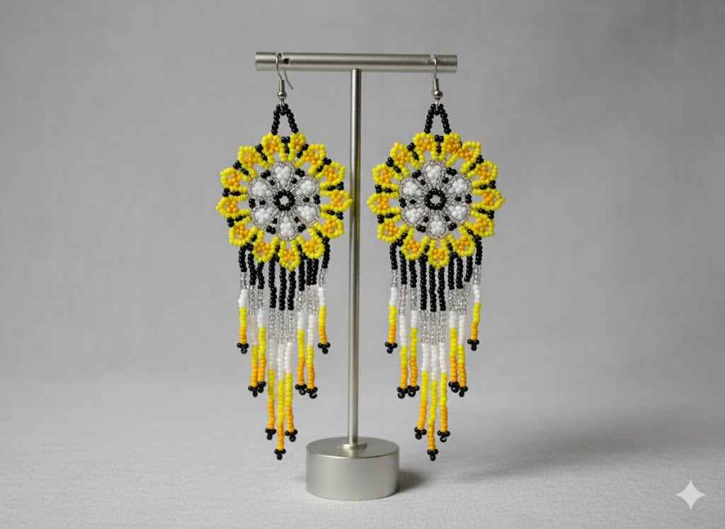 Yellow white Flower beaded Earrings