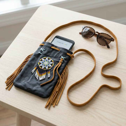 Beaded Suede Phone Pouch ~ Black