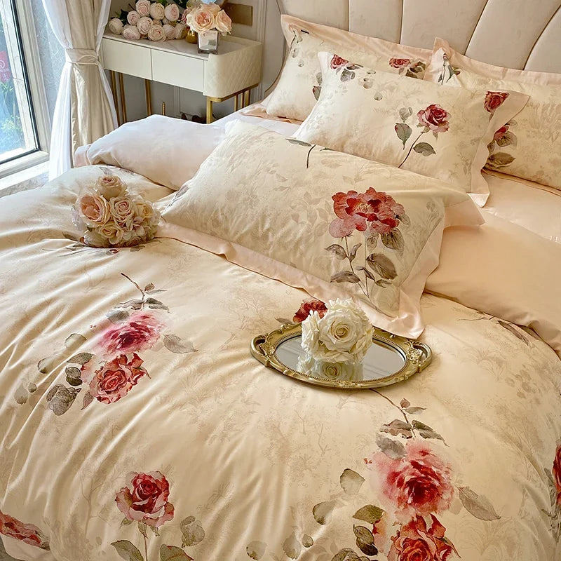 Floral Rose Jacquard Egyptian Cotton 1000 TC Duvet Set - Ivory