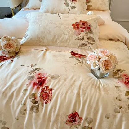 Floral Rose Jacquard Egyptian Cotton 1000 TC Duvet Set - Ivory