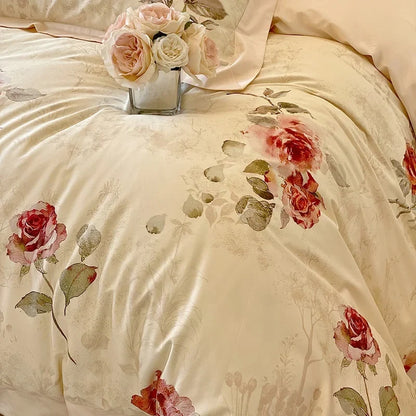 Floral Rose Jacquard Egyptian Cotton 1000 TC Duvet Set - Ivory