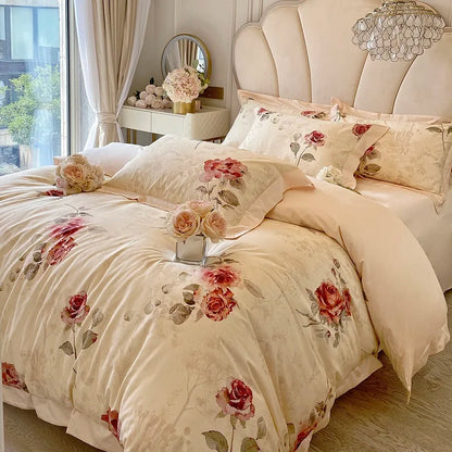 Floral Rose Jacquard Egyptian Cotton 1000 TC Duvet Set - Ivory