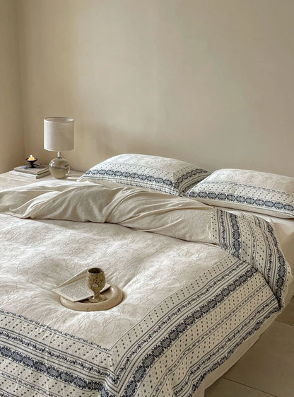 French Chateau Vintage Style Premium 4 Pc Cotton Linen Duvet Set - Cream
