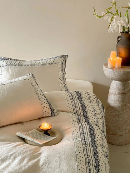 French Chateau Vintage Style Premium 4 Pc Cotton Linen Duvet Set - Cream