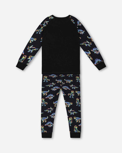 Organic Cotton Two Piece Pajama Set Black Printed Neon Dino