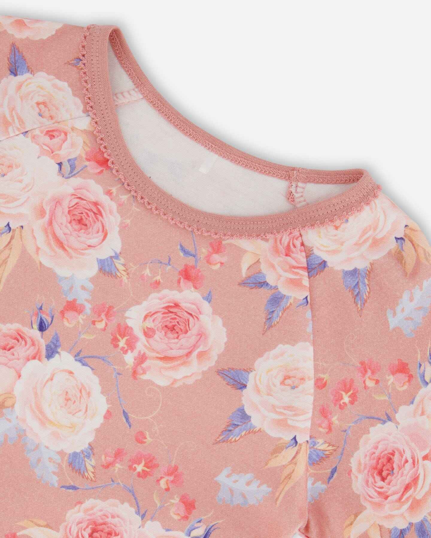Organic Cotton Two Piece Pajama Set Old Pink Printed Roses