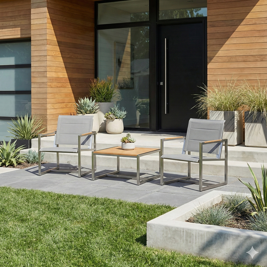 Pine Stainless Steel & Teak Outdoor Sling 2 Chairs Bistro Set - AURABAGS SHOP