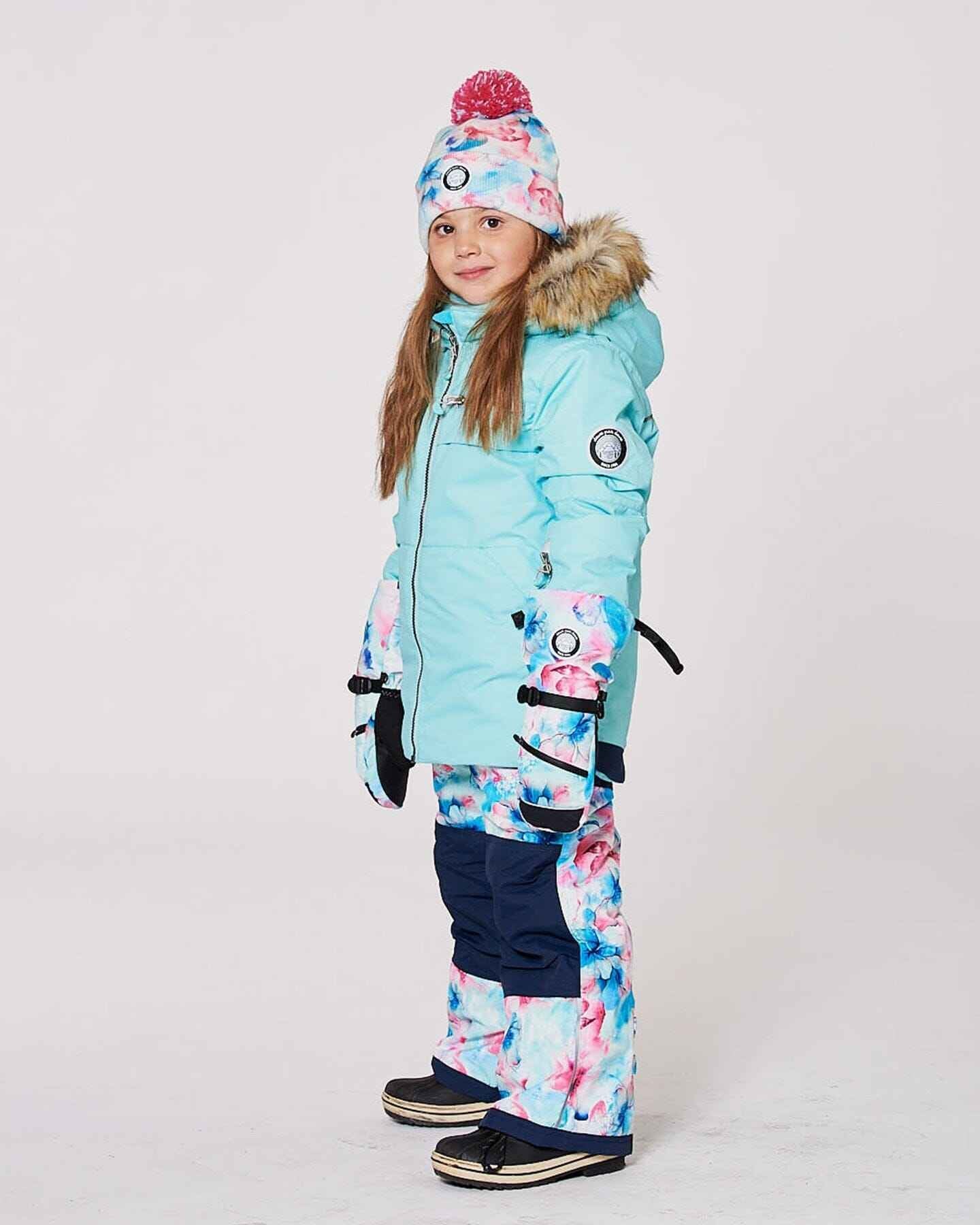 Lined Knit Pompom Hat Blue Flower Print