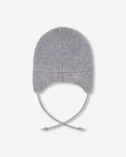 Lined Baby Knit Hat With Ears And Strings Heather Gray