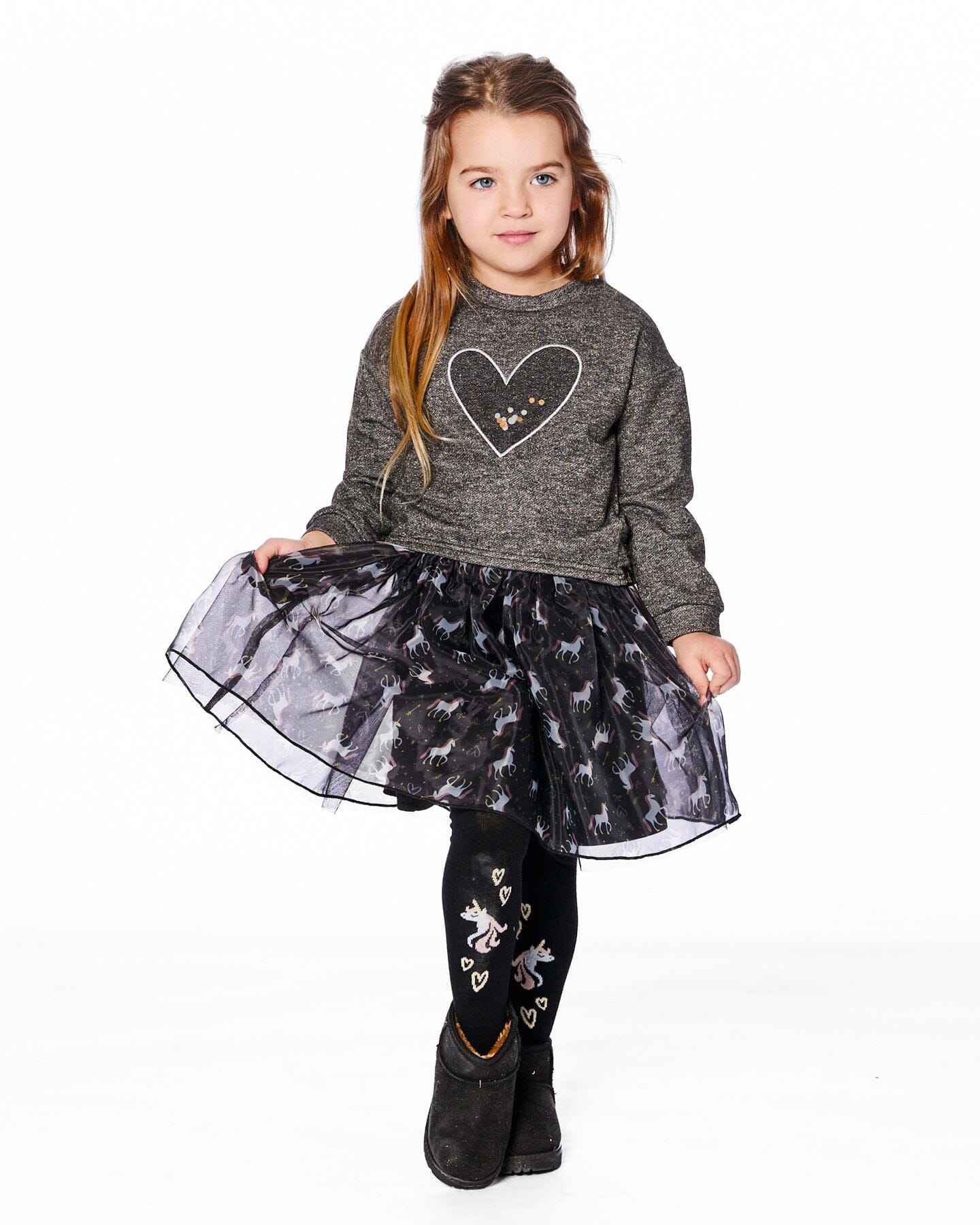 Bi-Material Dress Black With Mesh Skirt And Heart