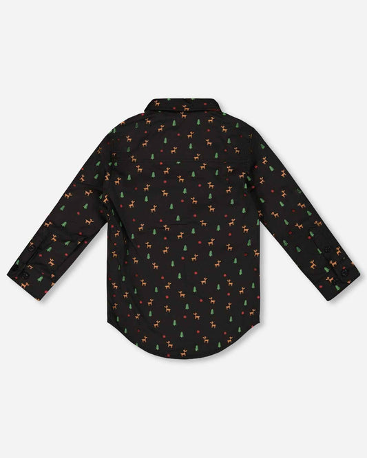 Printed Poplin Shirt Black And Multicolor With Bow Tie
