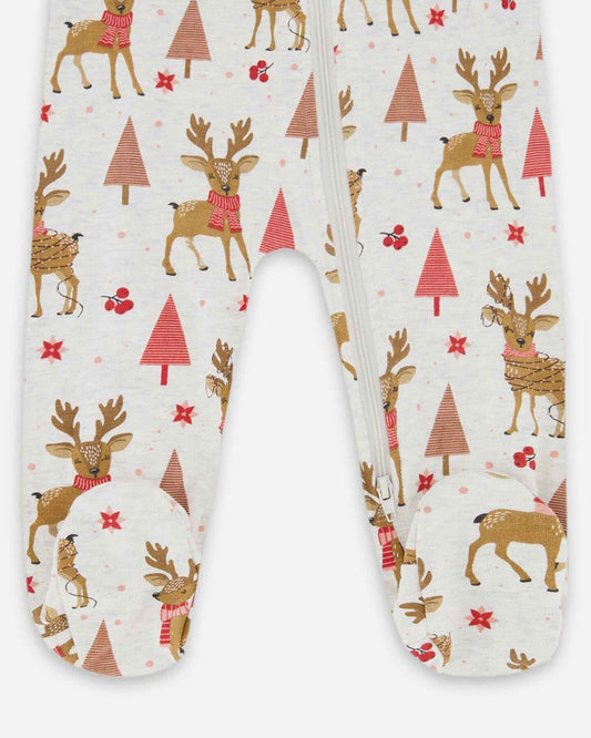One-Piece Organic Cotton Pajama Beige Girly Reindeer Print