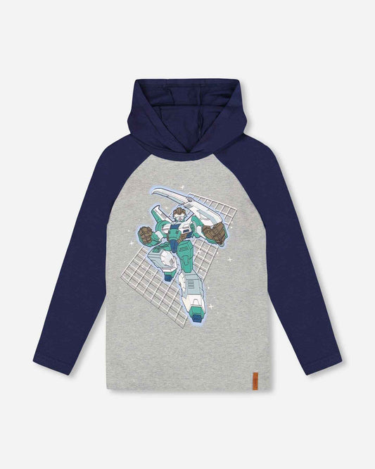 Organic Cotton Jersey Hooded Raglan Sleeve Tee Navy Blue