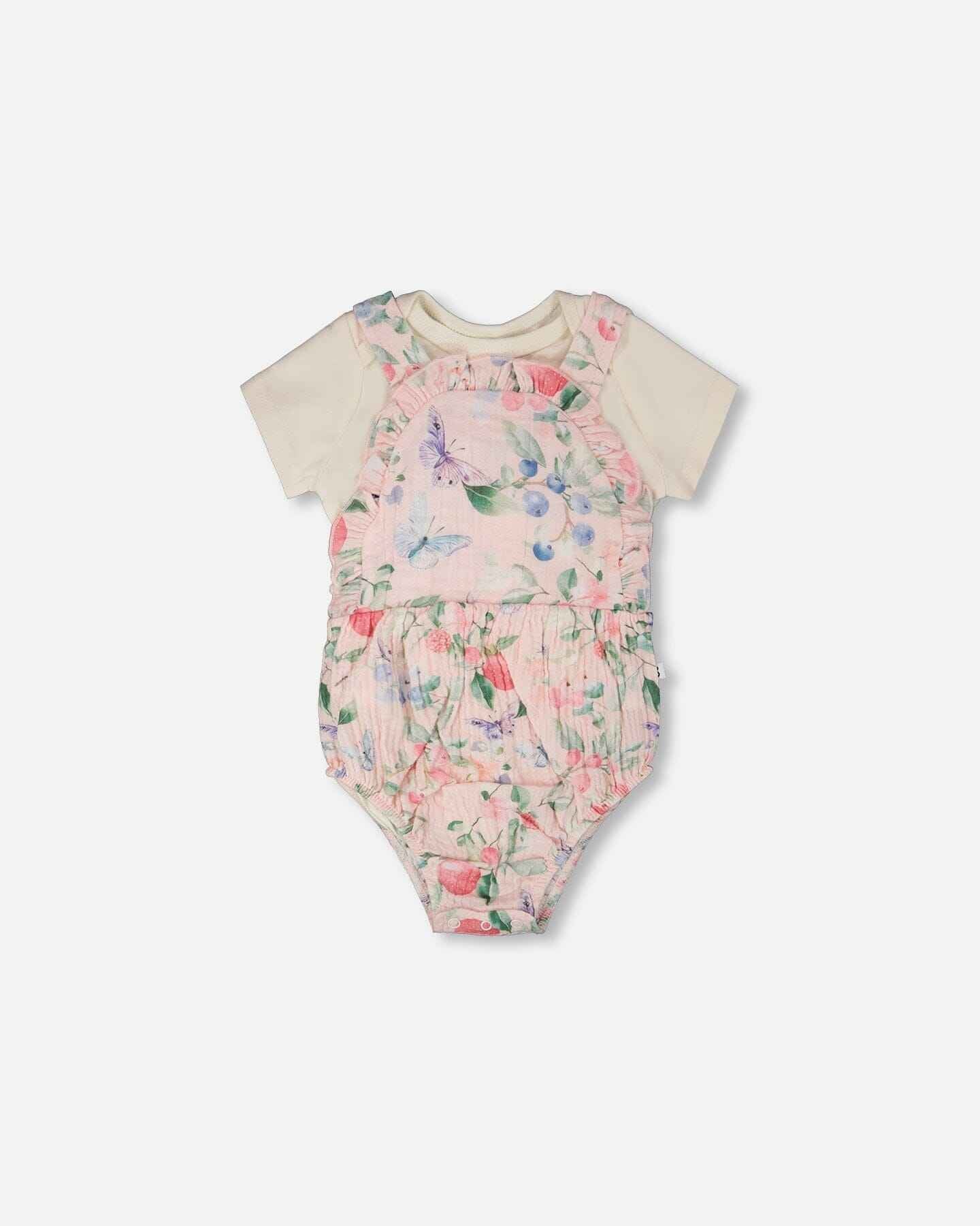 Organic Cotton Jersey Onesie And Muslin Overall Set White And Pink Printed Berries