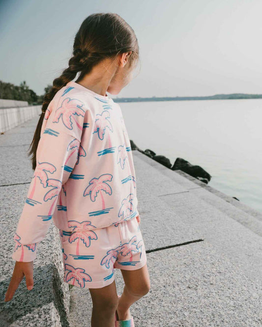 French Terry Shorts Light Pink Palm Print
