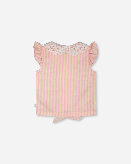 Sleeveless Shirt Pink And Yellow Stripes With Crochet Collar