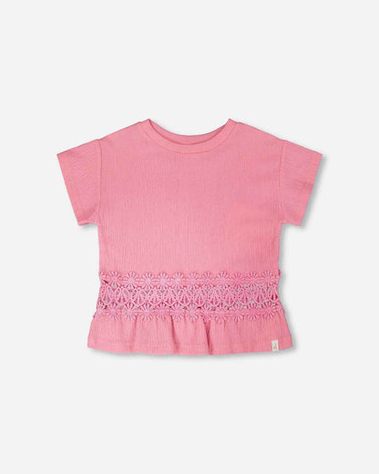 Crinkle Jersey Long T-Shirt With Crochet Insert Pink