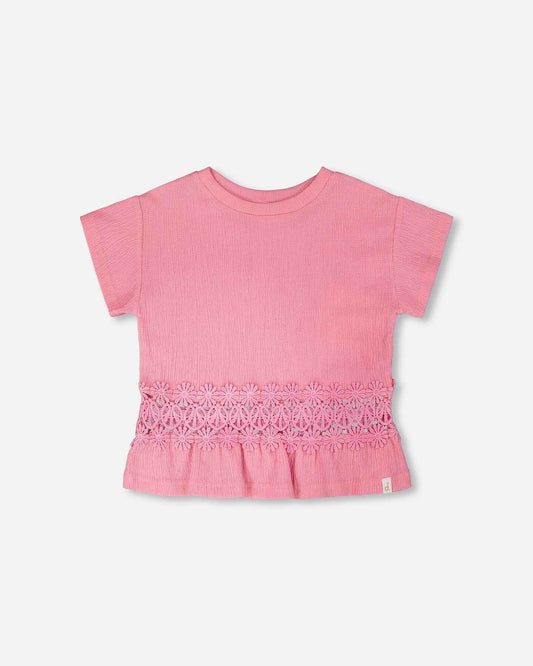 Crinkle Jersey Long T-Shirt With Crochet Insert Pink