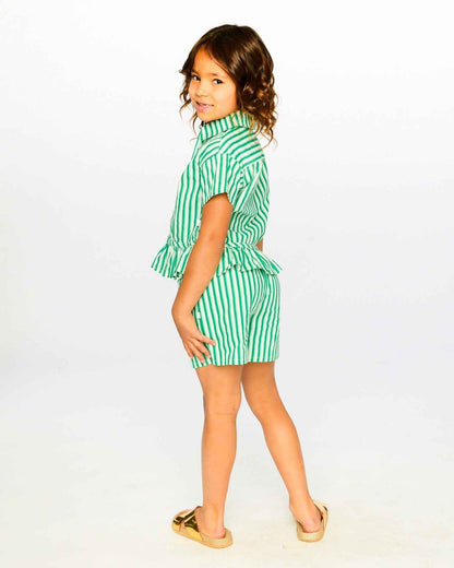 Short Sleeve Striped Button Down Shirt Green