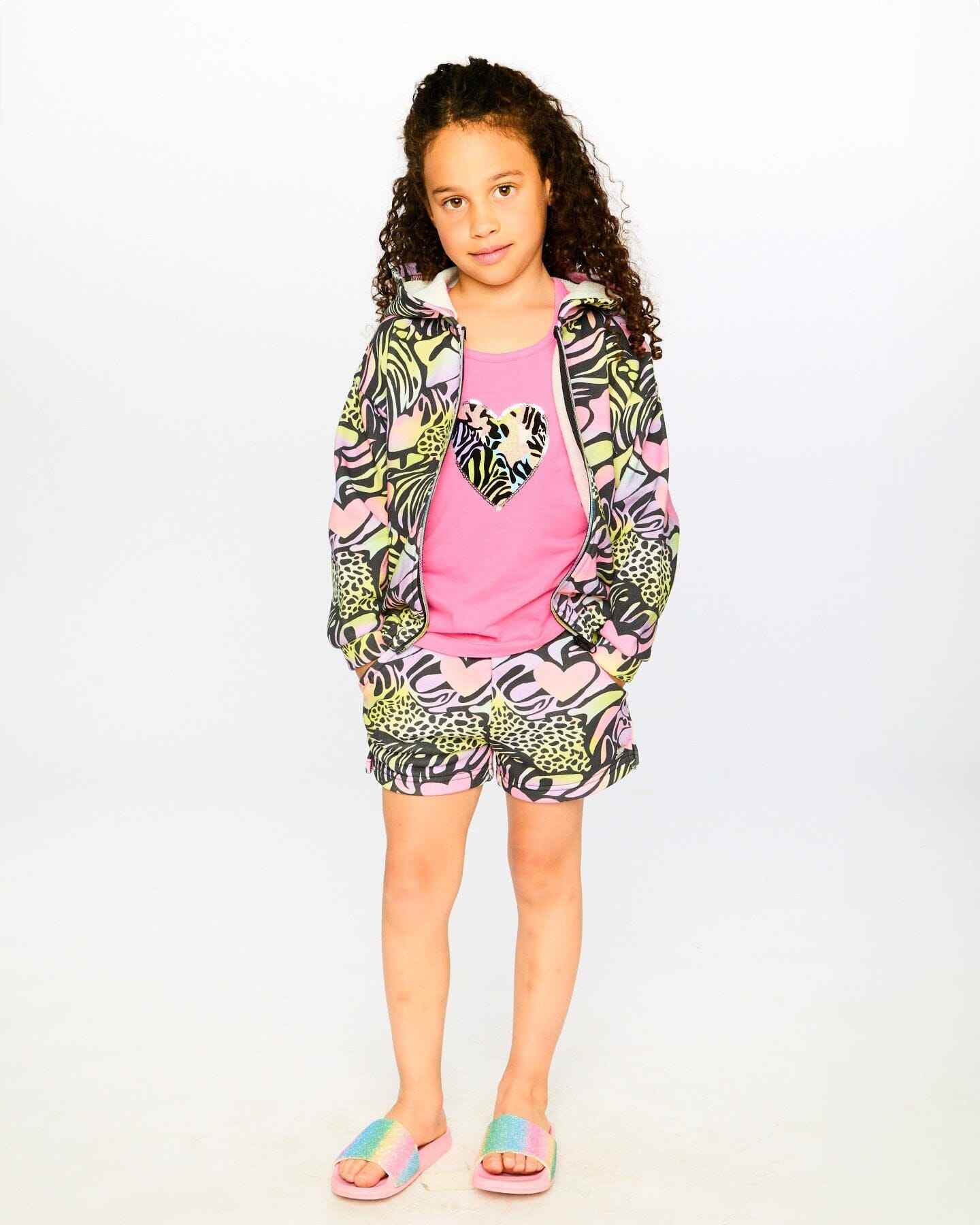 Zip Front French Terry Hoodie Black Printed Multicolor