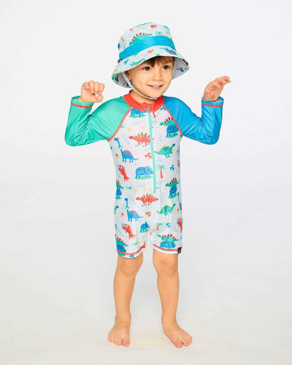 Baby And Toddler One-Piece Long Sleeve Rashguard Grey Baby Dinosaur Print
