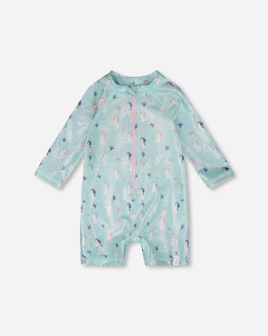 Baby And Toddler One-Piece Long Sleeve Rashguard Blue Seahorse Print
