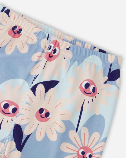 Organic Cotton Two-Piece Pyjama Set Blue Smiling Flower Print