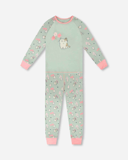 Organic Cotton Two-Piece Pyjama Set Green Kitten Print