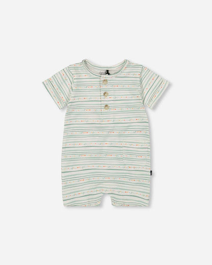 Organic Cotton Romper White Printed Mint Green Lines