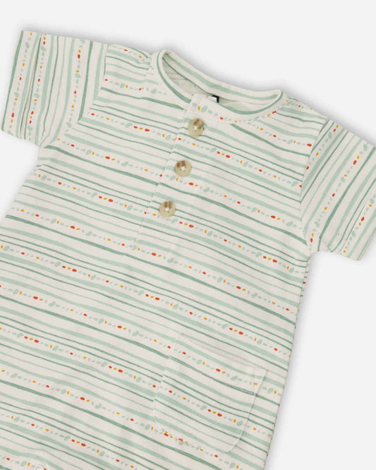 Organic Cotton Romper White Printed Mint Green Lines