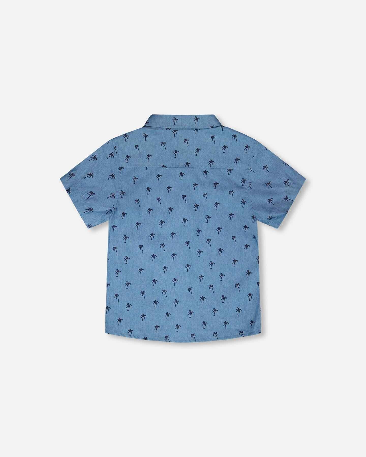Short Sleeve Chambray Shirt Blue Palm Print