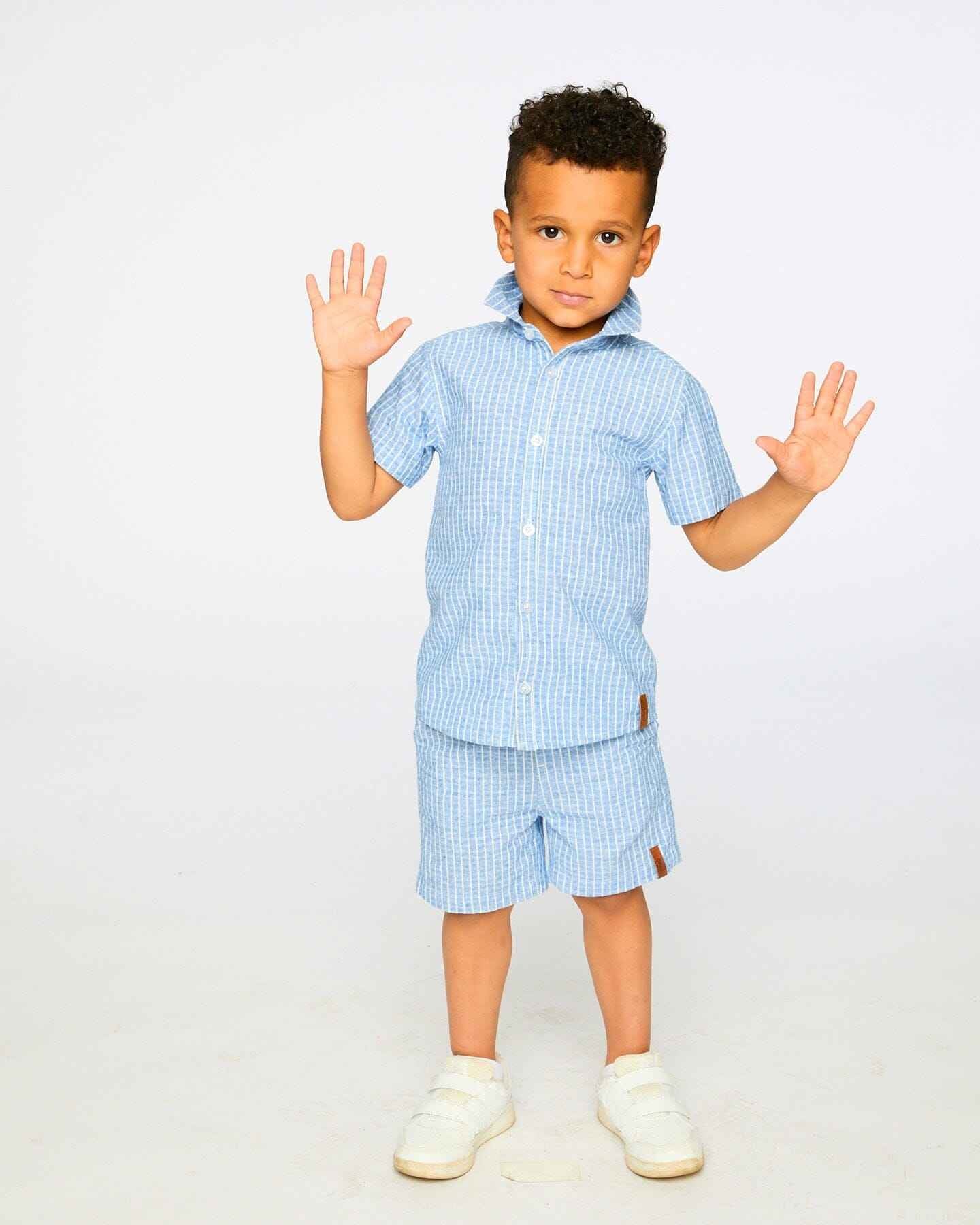 Printed Chambray Short-Sleeve Shirt Blue Denim Stripes