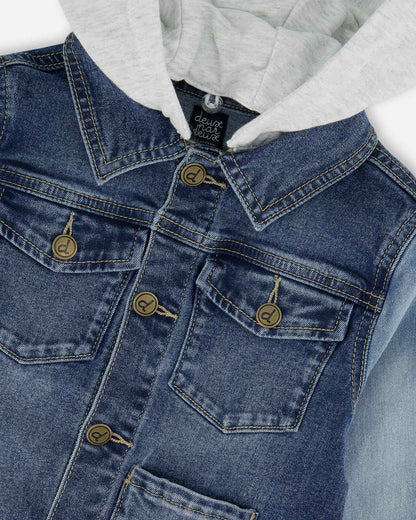 Navy Blue Denim Jacket With Removable French Terry Hood