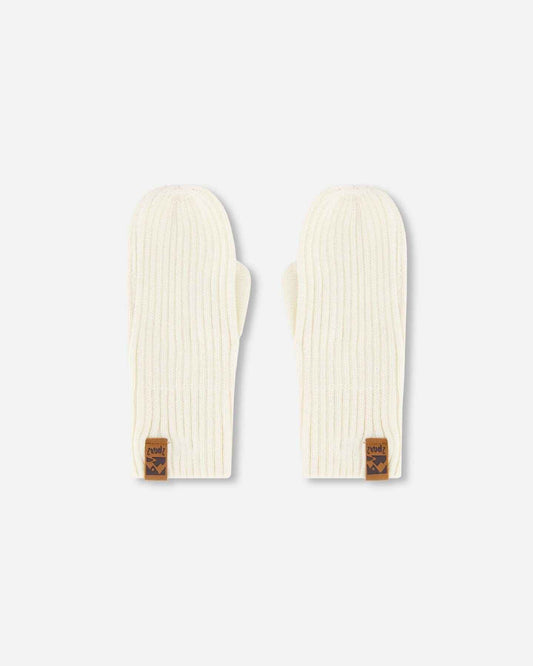 Ribbed Knit Mittens Off White
