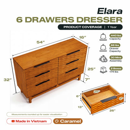 Elara Solid Wood Dresser with 6 Drawers