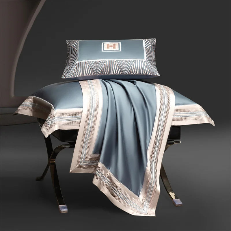 Heirloom Harmony Luxury Embroidered Egyptian Cotton 1000 TC Duvet Set - Aqua Blue/Champagne/Blush/Jade Green/Light Grey/Blue