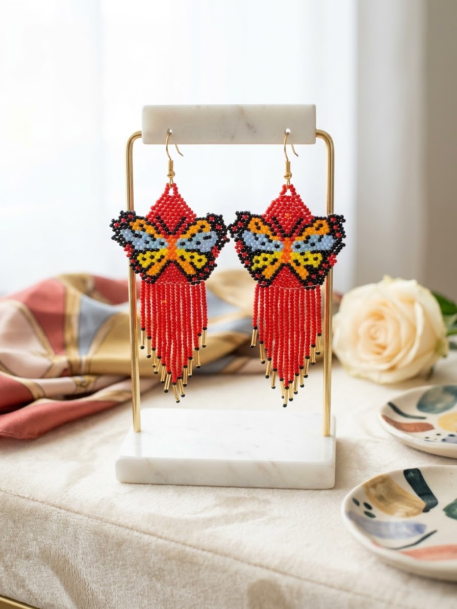 Red Beaded Dancing Wing Earrings
