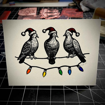Three Pigeons Slaying Holiday Card | LINOCUT CARD