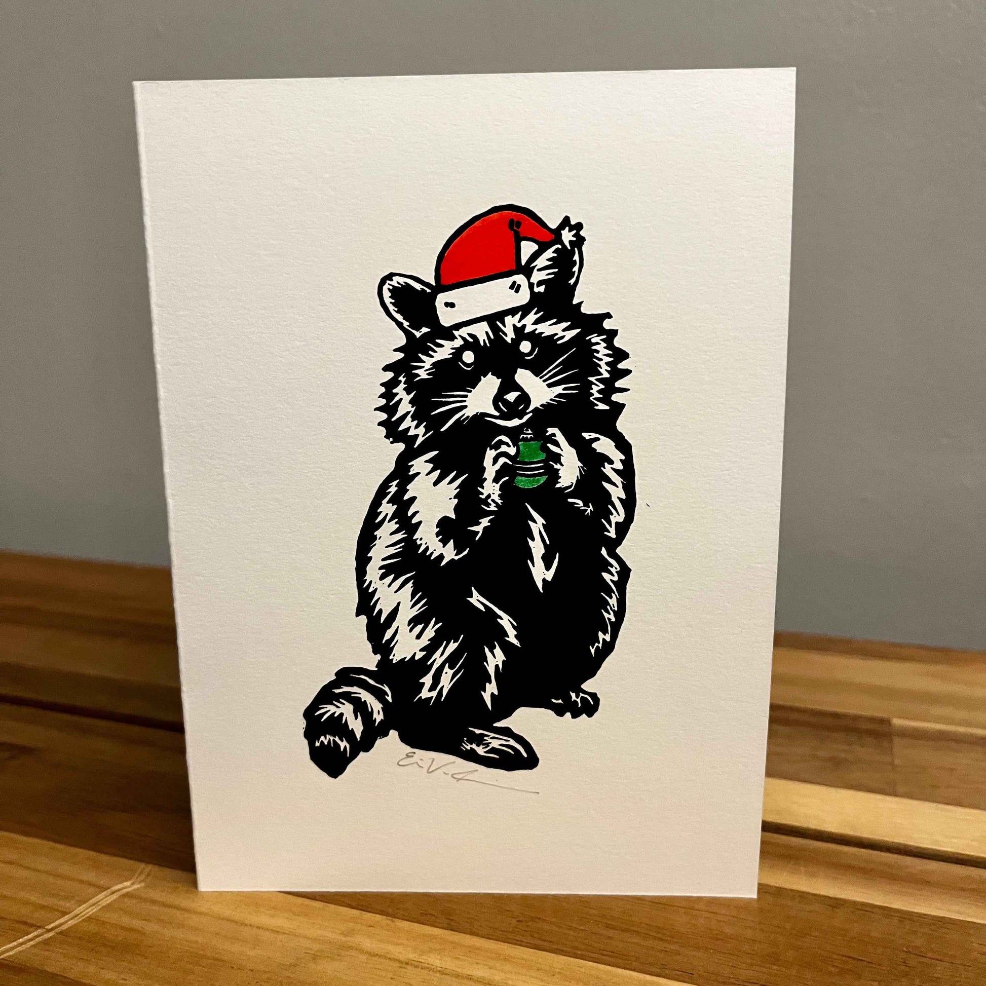 Pascal the Holiday Raccoon | Greeting Card | LINOCUT CARD
