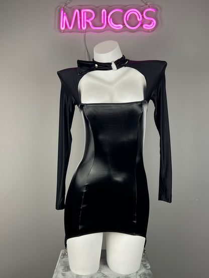 Gothic Long Sleeves Spandex Leather Garter Belt Tight Party Dress Lingerie